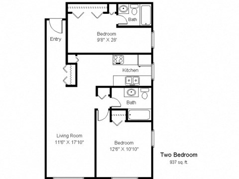 Floor plan for 2 beds, 2 baths, 937 sqft